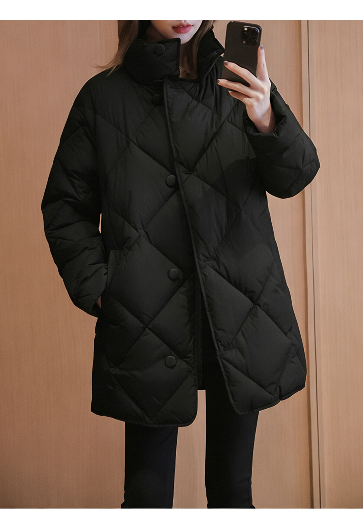 PinCai Women's Quilted Mid-Length Stand Collar Cotton Jacket Winter Windproof Over-the-Knee Coat P144M1010 9