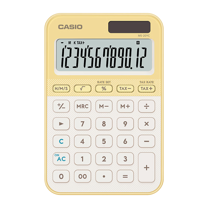 CASIO Dual Power Desktop Calculator 12-Digit Large Screen Solar MS-20YC Macaron Yellow