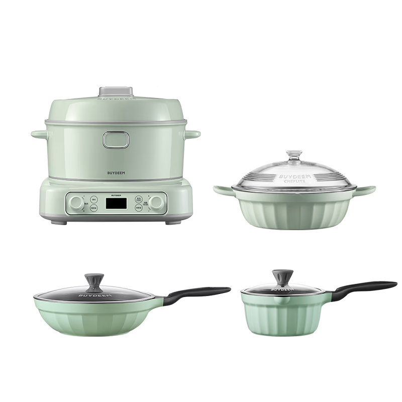 Buydeem IH Rice Cooker 3L RD5731 Light Green + 32cm Frying Pan + 28cm Hot Pot + 20cm Milk Pot Multifunctional Non-stick Inner Pot for 2-5 People