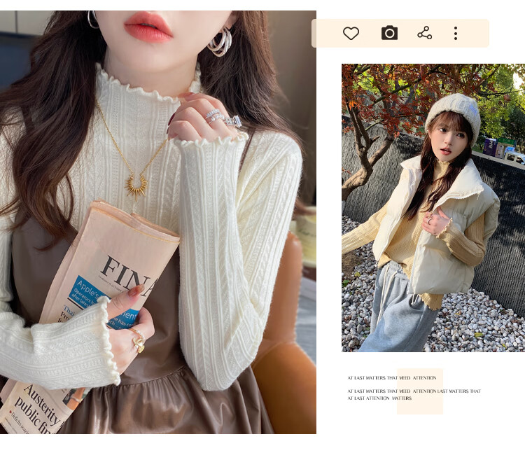 Caramella Women's 38 Goddess Festival Gift Semi-Turtleneck Ruffled Jacquard Long-Sleeve T-Shirt Spring Autumn 1
