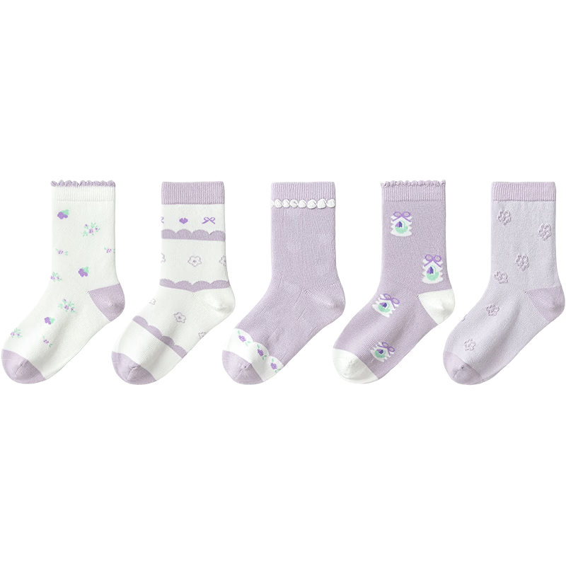 BALABALA Girls' Socks, Autumn Children's Mid-Calf Socks, Student Socks, Soft And Elastic, Not Tight on Feet, Sweet, Five Pairs Pack, 209925172003
