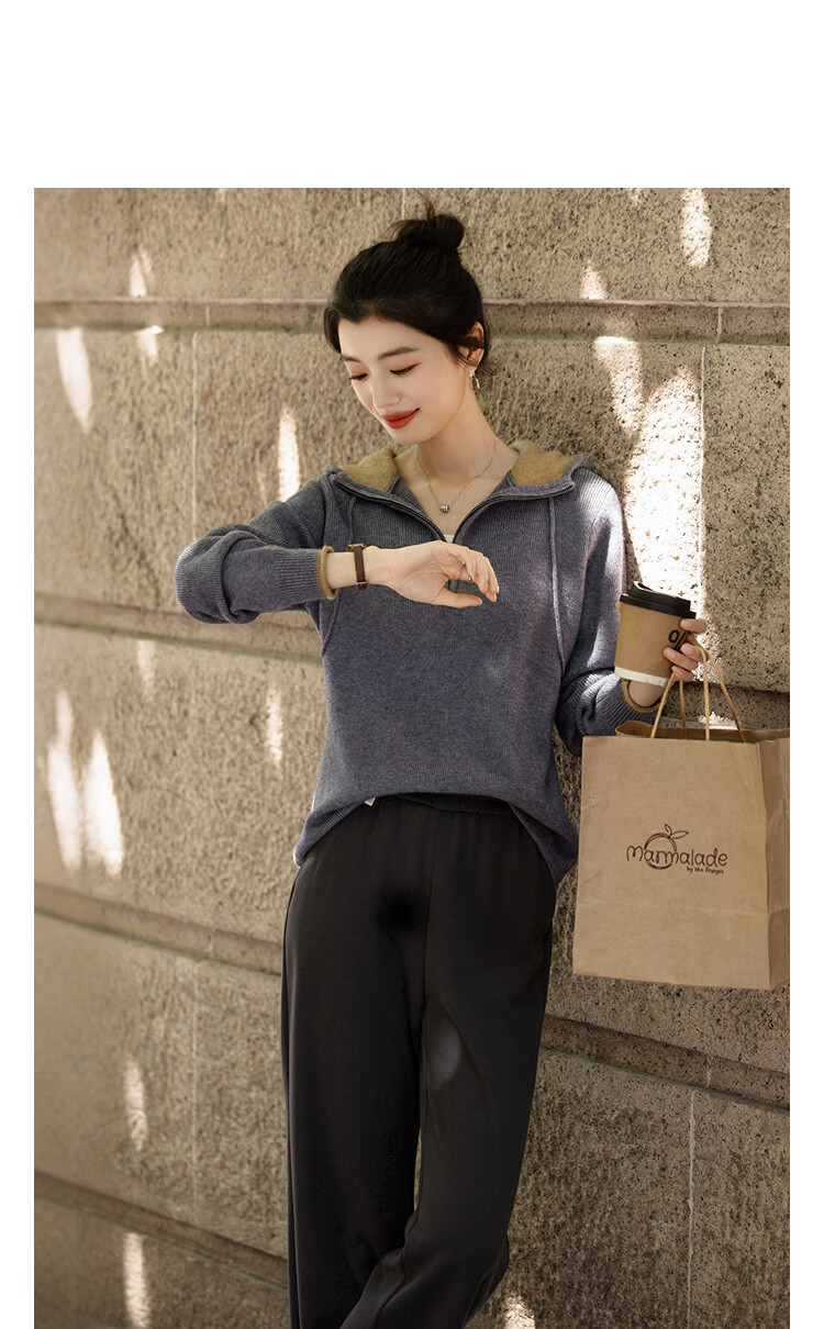 Demana [Elegant Gray Morning Mist] Winter Hooded Half-Zip Colorblock Knit Sweater Women's Top 2