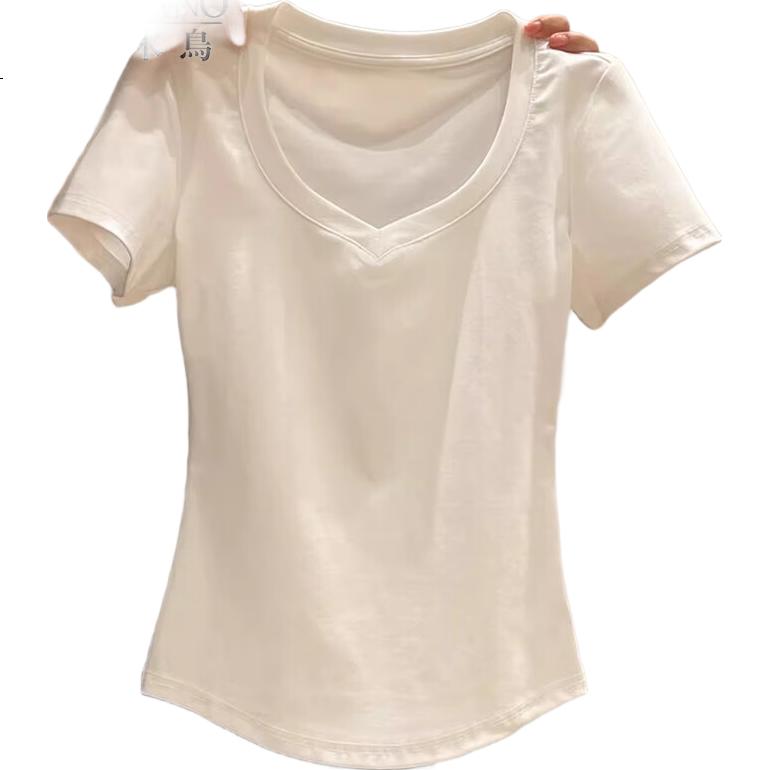 Woodpecker Solid Color V-Neck Slim Fit Short Sleeve T-Shirt Women Summer Simple Versatile Korean Style Slimming Top Heather Gray S