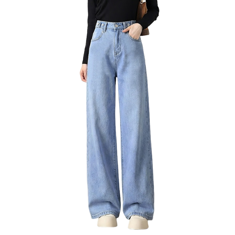 Jeanswest Women's Summer Wide-Leg Straight High-Waist Slim Fit Dark Blue Jeans L