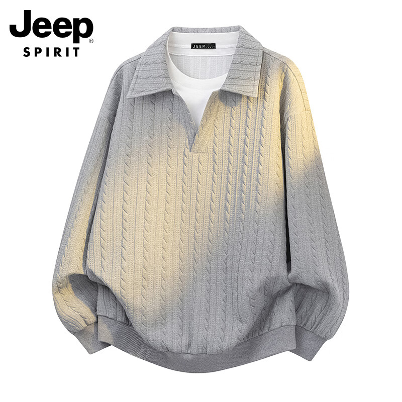 JEEP SPIRIT Men's Long Sleeve Polo Shirt Sweatshirt Spring Loose Casual Base Shirt Top Gray M
