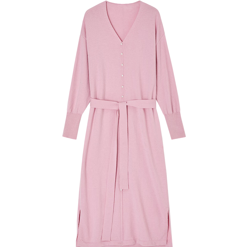 Demana Women's Spring Soft V-Neck Pearl Button Drop Shoulder Adjustable Waist Dress with Wool