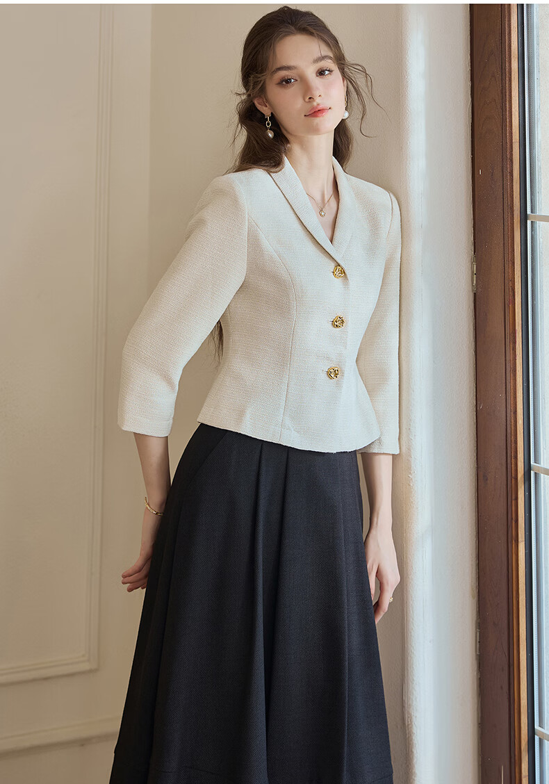 ROEYSHOUSE French Style Light Mature Tweed Short Jacket Women Spring Waist Slim Top 09445 Off-White S 8