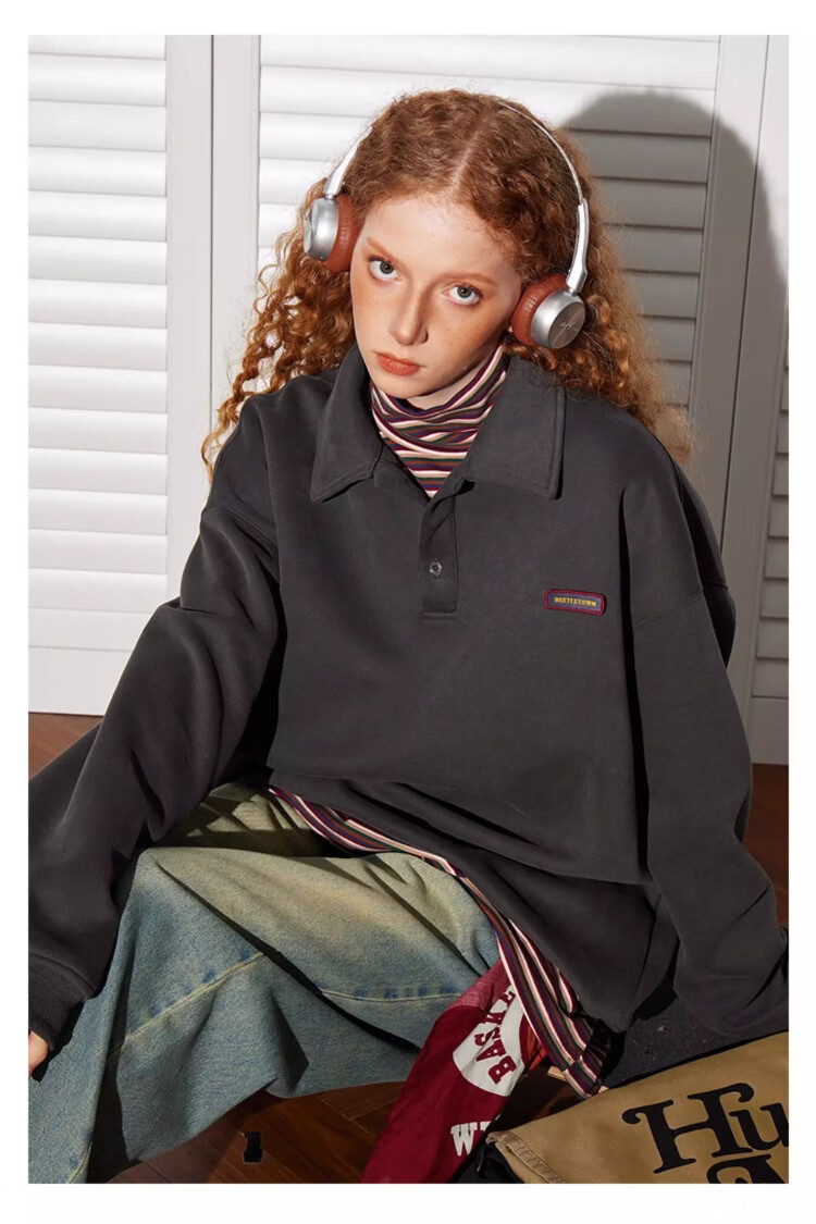 BEETLE TOWN Minimalist Casual Polo Collar Sweatshirt Women Spring New Couple Long Sleeve Collared Jacket Navy Blue S 15