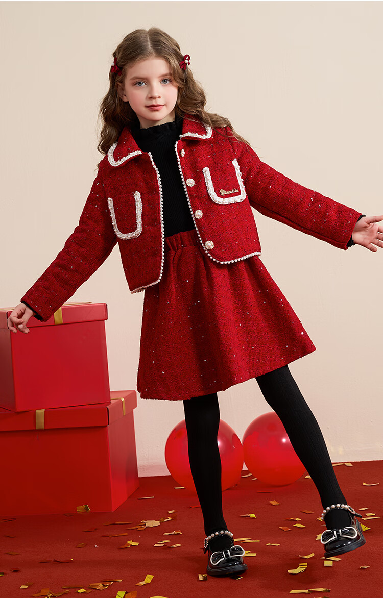 Disney Girls' Spring Autumn 2026 New Stylish Red Padded Jacket and Skirt Two-Piece Set 6