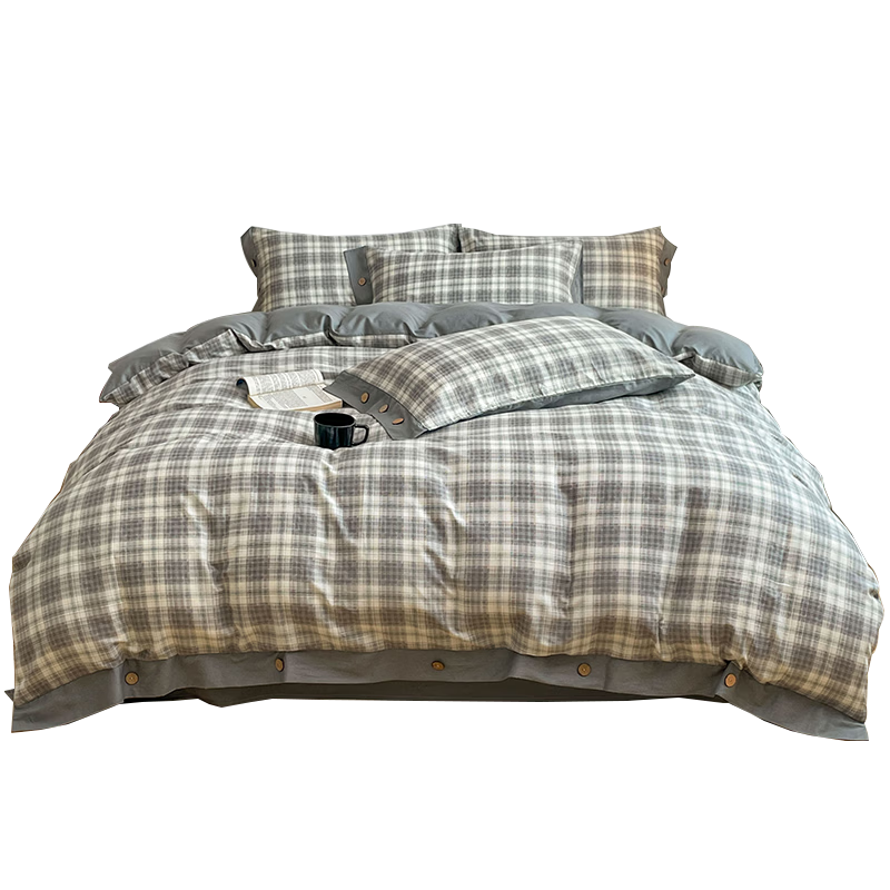 MUJI 100% Cotton Button Closure 4-Piece Bedding Set for 1.5/1.8m Bed, Pure Cotton Bed Sheet and Duvet Cover 200x230cm