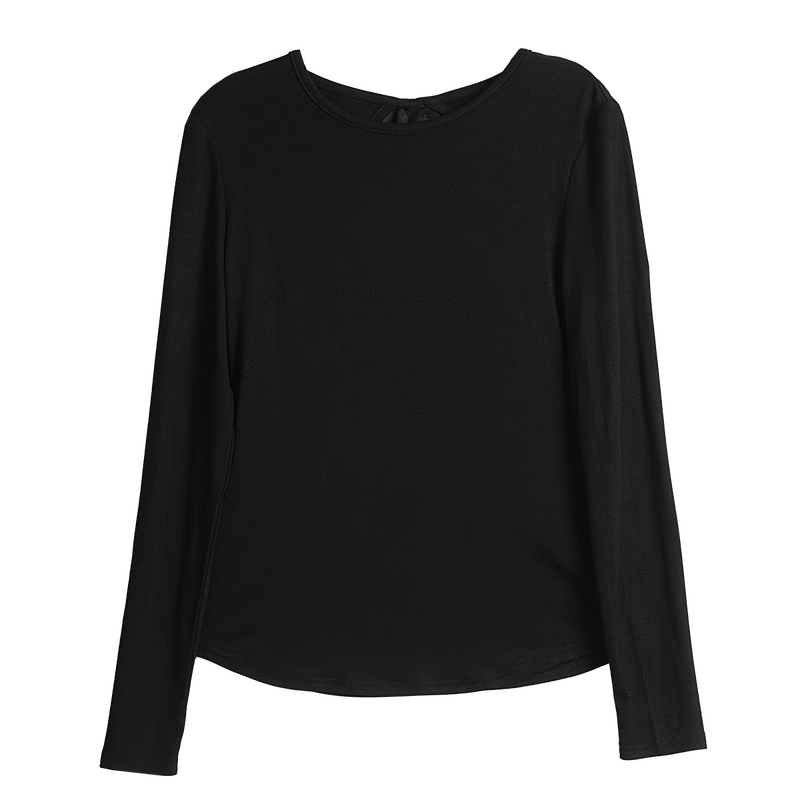 Olrain Slim Fit Back Hollow Butterfly Bow Long Sleeve T-Shirt Women Spring New Slim Top Black XL
