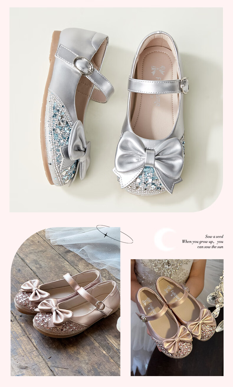 Follow Me Girls' Leather Shoes Spring And Autumn Soft-Soled Princess Shoes Children's Performance Crystal Shoes Formal Dress Flats Dove Pink Size 34 13