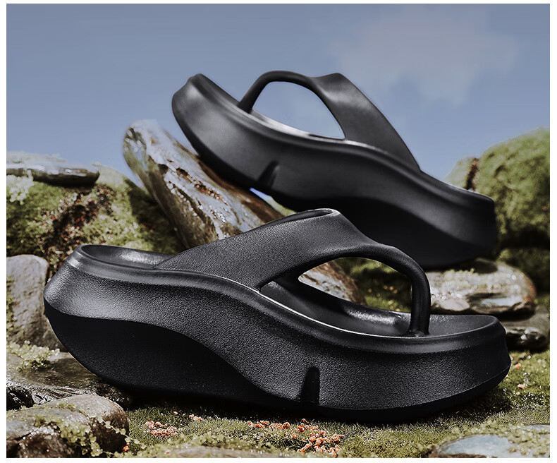 JEEP Women's New Herringbone Flip Flops Outdoor Casual Thick Sole Height Increasing 7cm Black Size 37-38 21