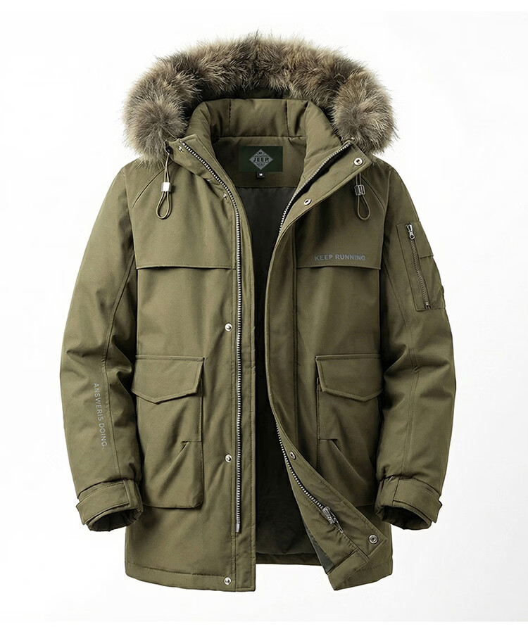 JEEP SPIRIT Men's Down Jacket Autumn Winter Workwear Fur Collar Mid-Length Parka Military Green 4XL 3