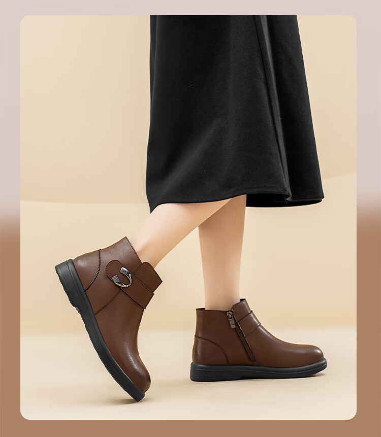 Zulijian Winter Fleece-Lined Women's Warm Leather Boots Mid-Aged Cotton Leather Short Boots Black 35 6283K 2