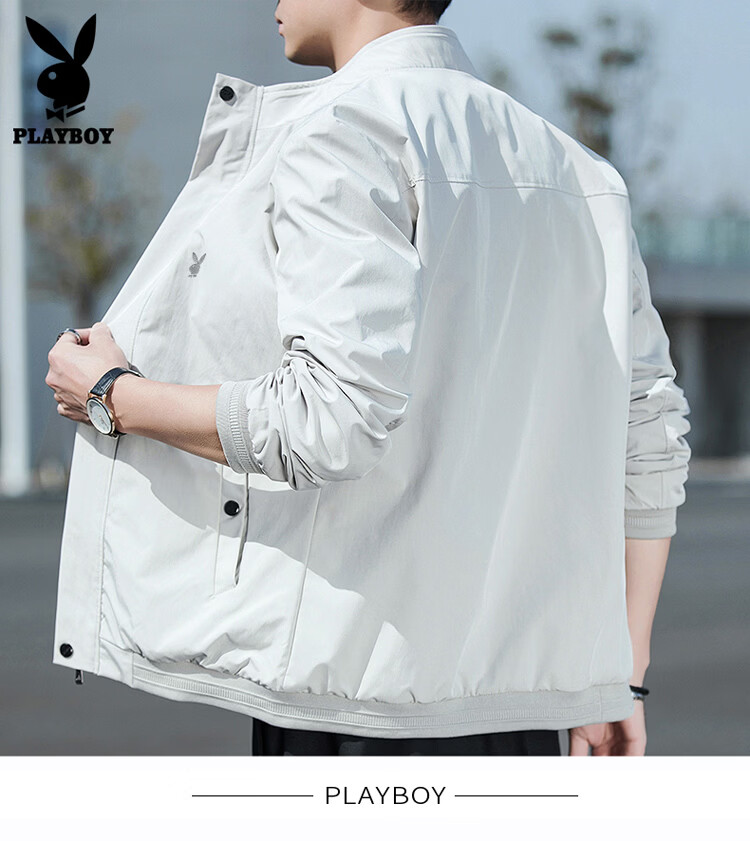 PLAYBOY Men's Jacket, Spring And Autumn Casual Stand-Collar Trendy Outerwear, Khaki Color, Size 3XL 6