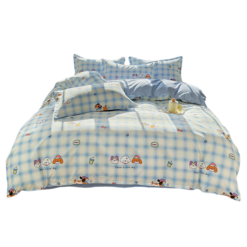 KING SHORE Thickened Brushed Cotton 3-Piece Set 7A Antibacterial Mite-Proof Student Dormitory Bedding Sheet Quilt Cover 1.2M Bed Cute Dog Plaid