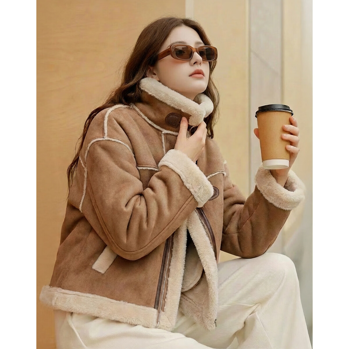 Demana Vintage Yadan Style Winter Modern Suede Velvet Lapel Faux Shearling Spliced Short Warm Women's Jacket