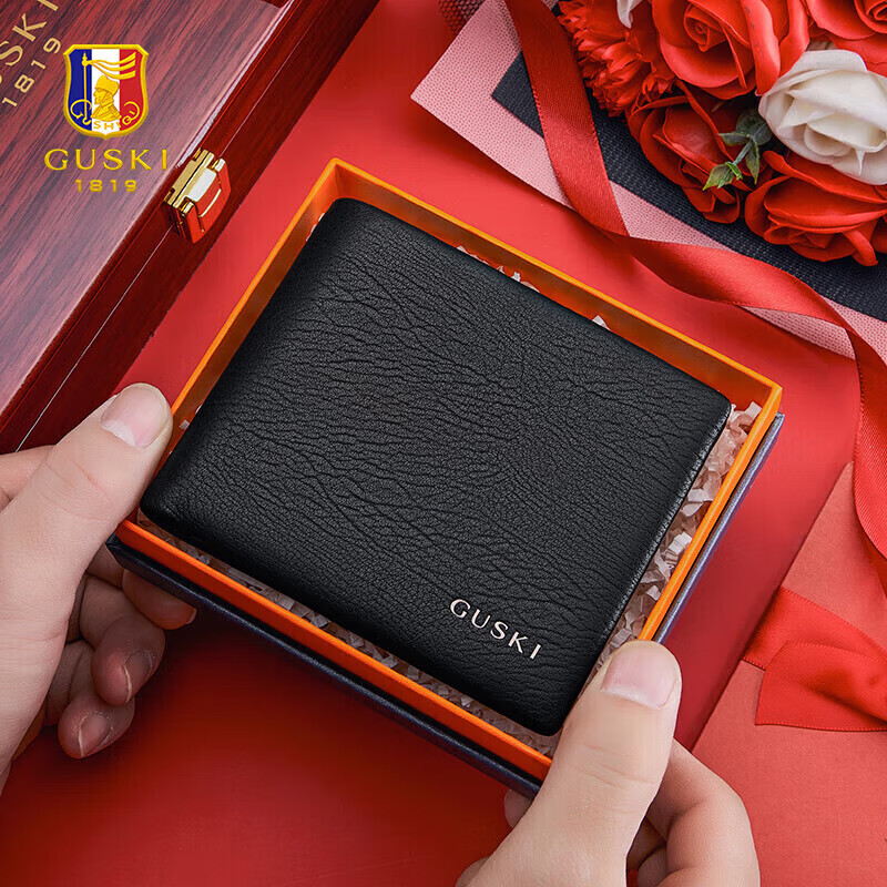 GUSKI Men's Genuine Leather Short Wallet First Layer Leather Card Holder Gift Box Valentine's Day Gift for Boyfriend