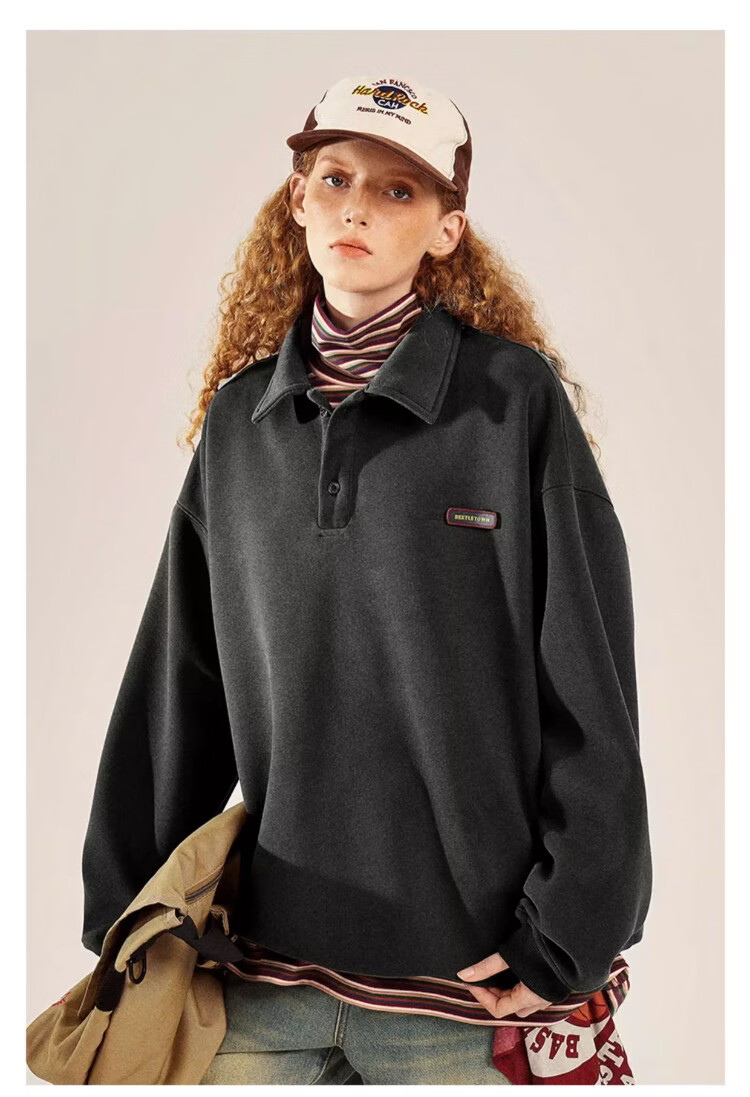 BEETLE TOWN Minimalist Casual Polo Collar Sweatshirt Women Spring New Couple Long Sleeve Collared Jacket Navy Blue S 17