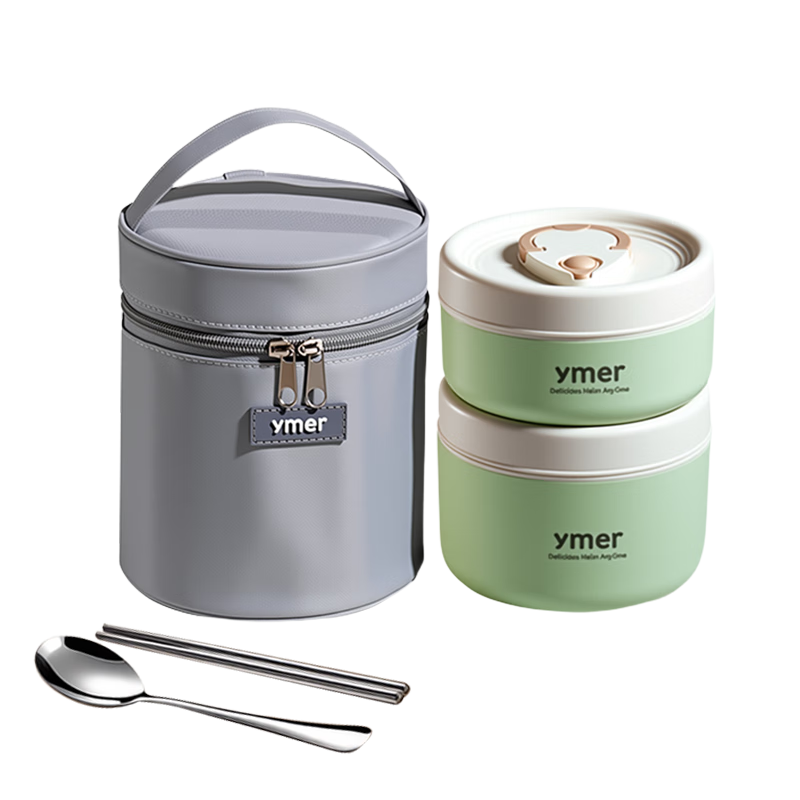 Ymer Insulated Lunch Box Ceramic Set Green 2-Pack with Thermal Bag and Cutlery (One Large, One Small)