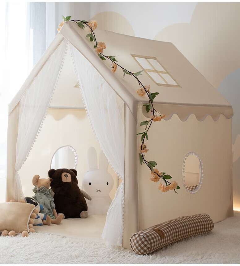 Mushroom Elephant Kids Tent Indoor Playhouse Birthday Gift Beige House PVC Poles Medium Size + Thick Cotton Mat + Bouquet + Bunting Flags 17