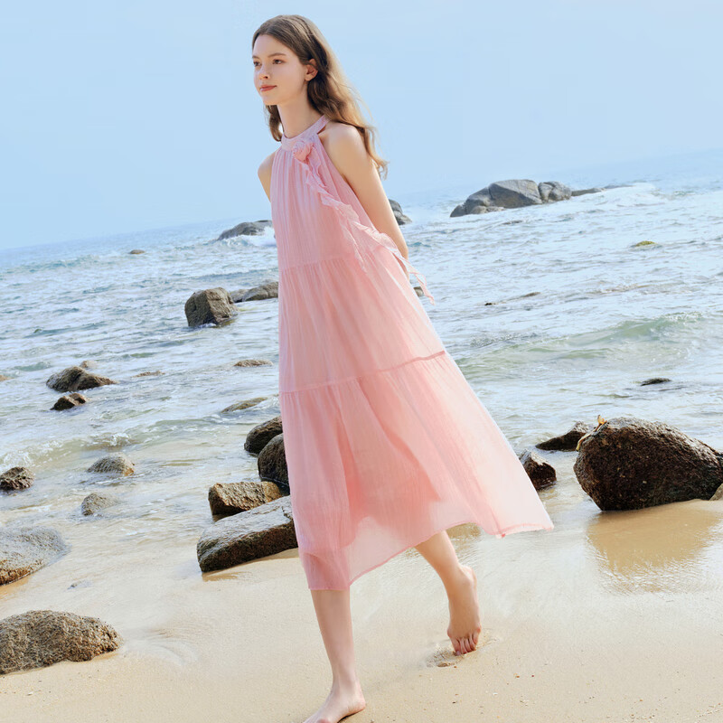 LeTing Camellia Girl Textured Halter Neck Long Dress Vacation Style Ribbon Dress Pink (In Stock) M