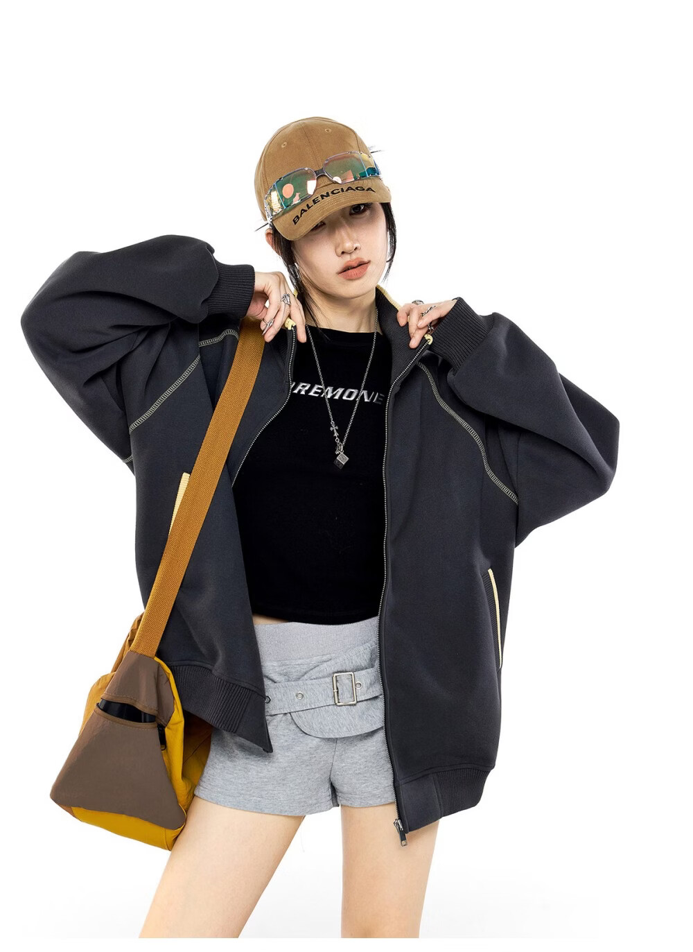 ICH MODE American Style Hassel Corduroy Sports Jacket Women 2026 Spring New Loose Cardigan Sweatshirt Zipper Top Dark Gray XL 42