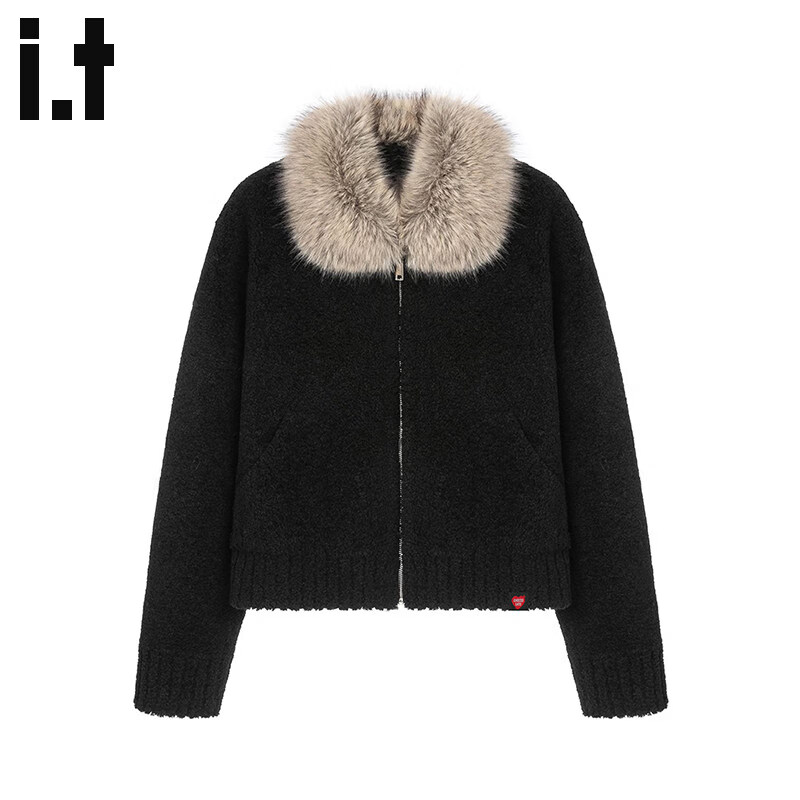 :CHOCOOLATE IT Dyed Lamb Wool Collar Shearling Coat Autumn Winter Women's Black Eco-friendly Fur Black M