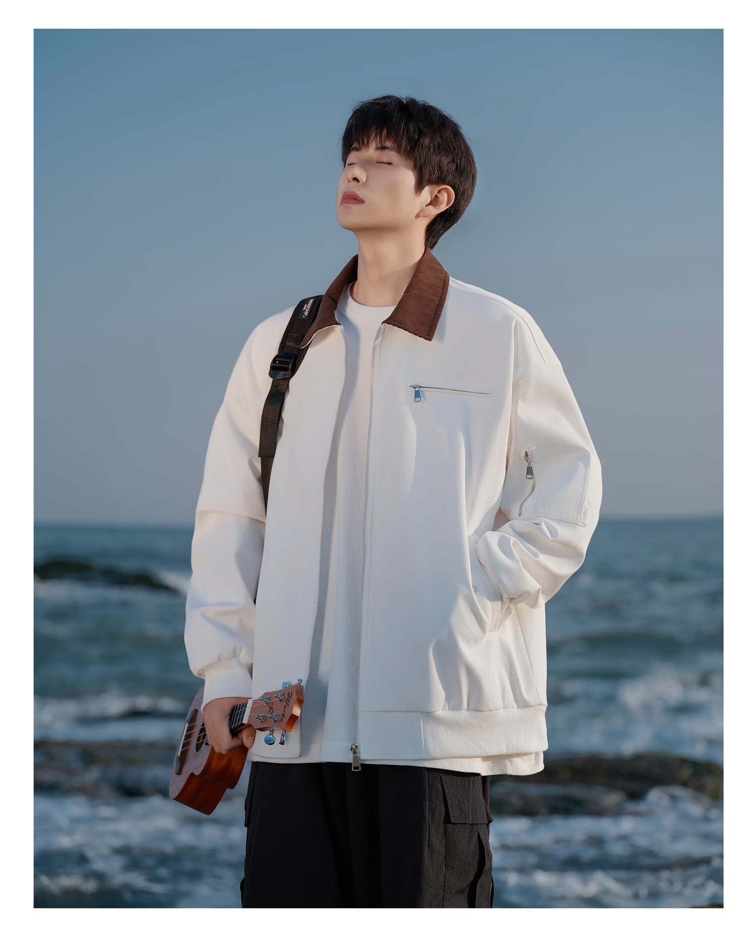 Foss Phil Vintage Lapel Jacket Men Spring Autumn New Trendy Loose Casual Workwear Coat DQC8533 Apricot White XL 11