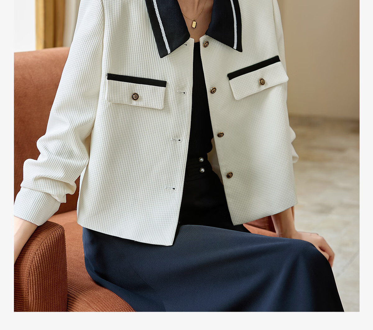 Chushen Spring and Autumn Short Jacket Women Fashion Color-Block Textured Fabric Commuter Short Coat Top S143U3003 1