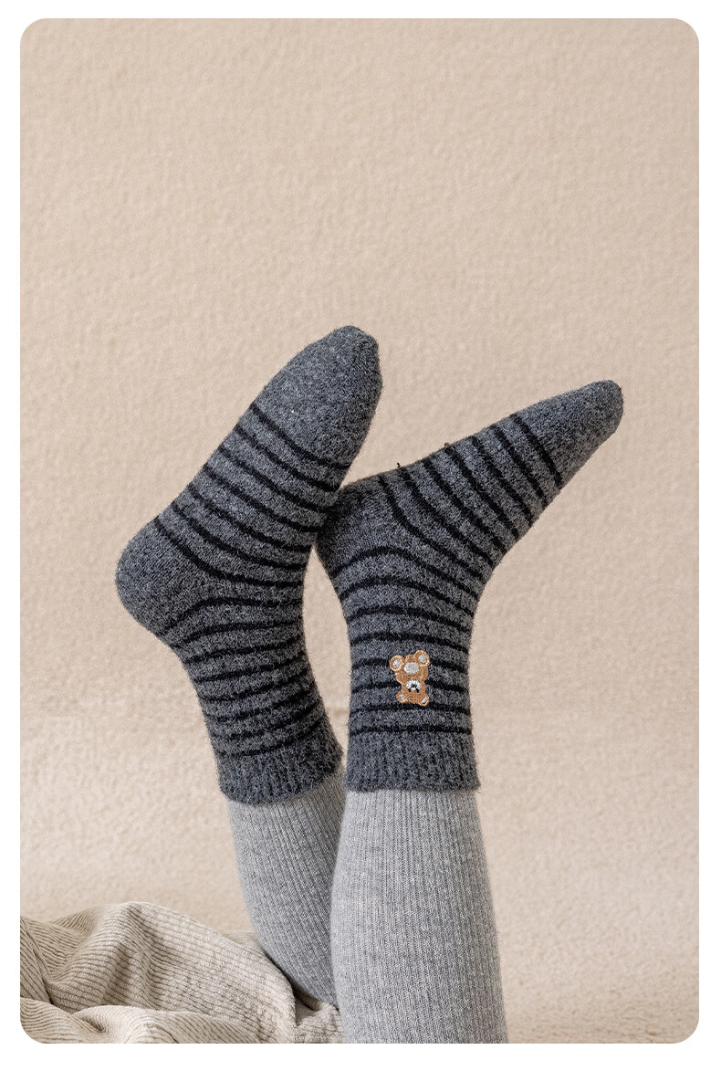 MiiOW 3 Pairs Kids Socks Autumn Winter Thickened Fleece Boys Korean Style Cartoon Bear Mid-Calf Girls Socks 7