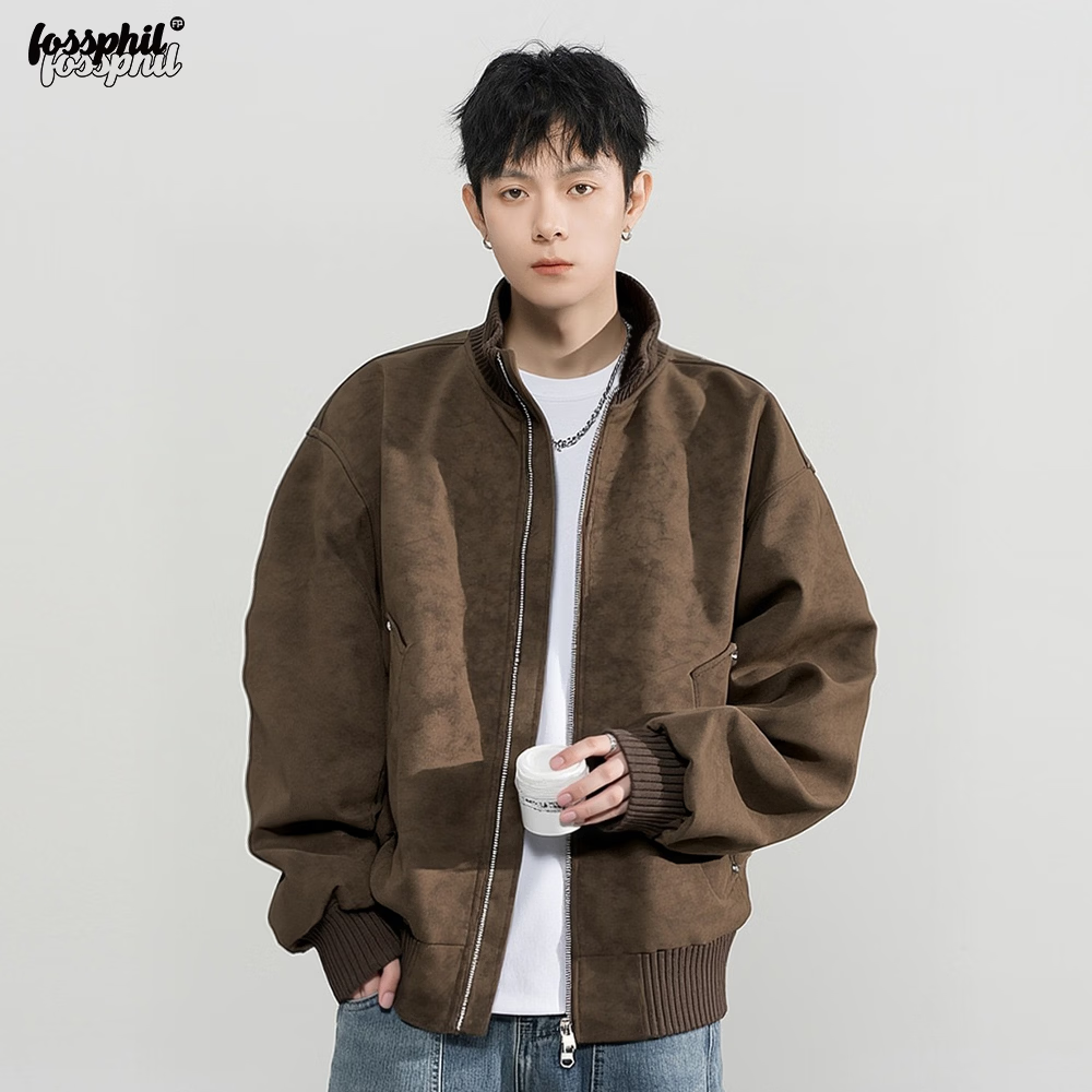 Foss Phil Men's Flight Jacket Spring Autumn Mallard Retro Stand Collar Casual Leather Jacket JK852 Coffee Color 2XL