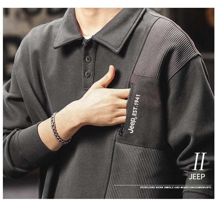 JEEP Men's Heavyweight Long Sleeve Polo Sweatshirt Spring Autumn Black XL 5