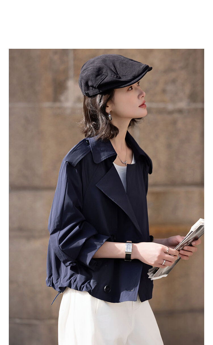 Demana Antibacterial Ice Algae Mud Spring Fashion Notched Lapel Double-Breasted Loose Short Petite Women's Trench Coat Jacket 14