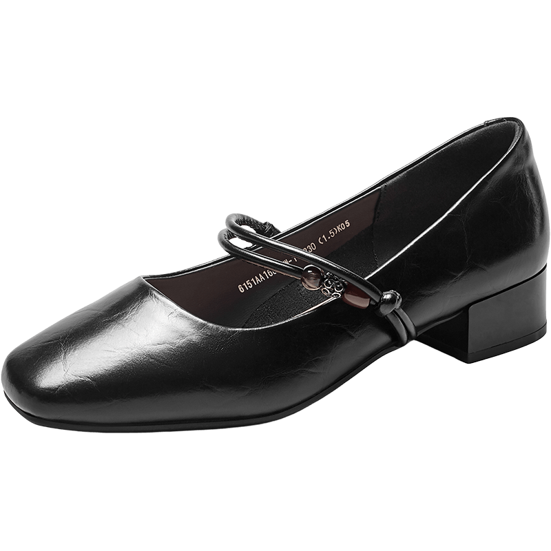 Eierkang Women's French Mary Jane Shoes Gentle Evening Style Low-Cut Chunky Heel Leather Shoes 16864W Black Size 35