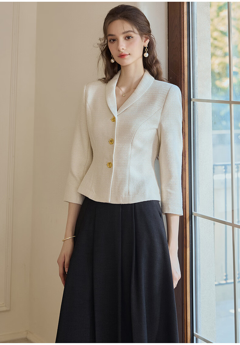 ROEYSHOUSE French Style Light Mature Tweed Short Jacket Women Spring Waist Slim Top 09445 Off-White S 13