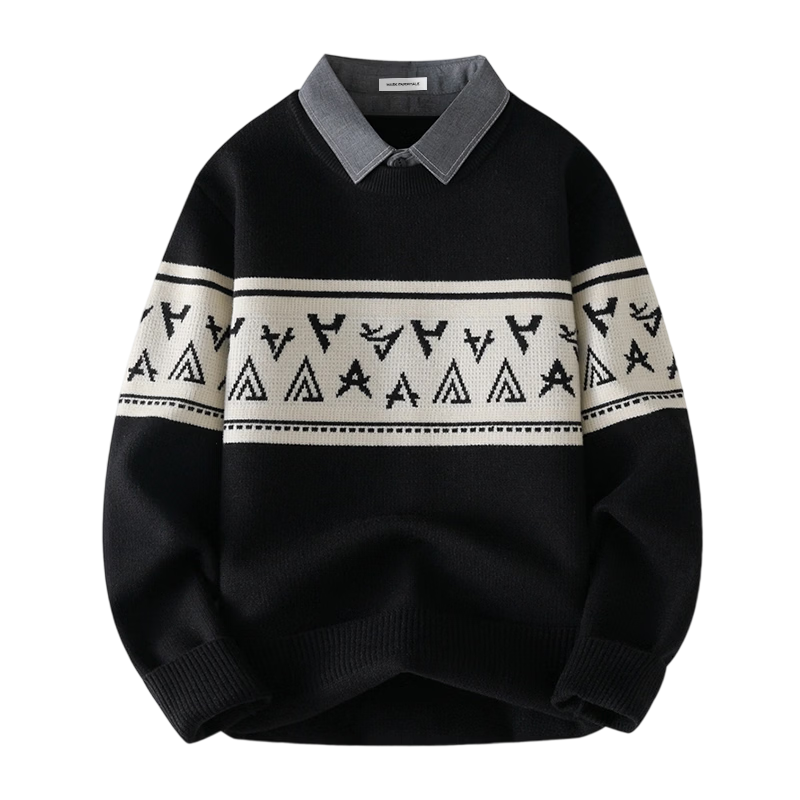 MARK FAIRWHALE Men's Autumn Winter Shirt Collar Knitwear Warm Fake Two-Piece Sweater Light Gray M
