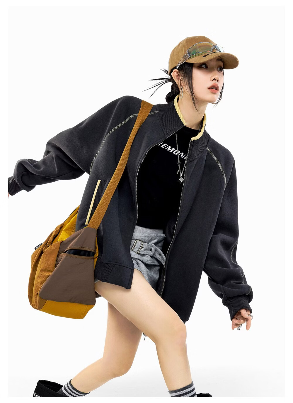 ICH MODE American Style Hassel Corduroy Sports Jacket Women 2026 Spring New Loose Cardigan Sweatshirt Zipper Top Dark Gray XL 39