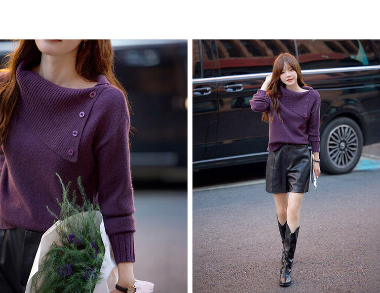 Demana Red Rose Nocturne Winter Vintage Elegant Asymmetric Neckline Slimming Knit Sweater for Women 17