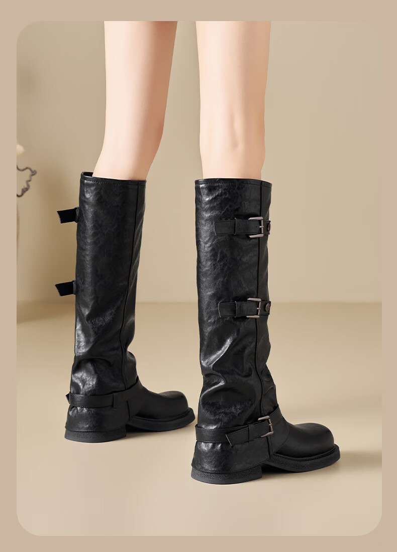 St&Sat Women's Fleece-Lined Tall Boots 2025 Winter New Fashion Belt Buckle Versatile Knight Boots Western Cowboy Mid-Calf Boots 5