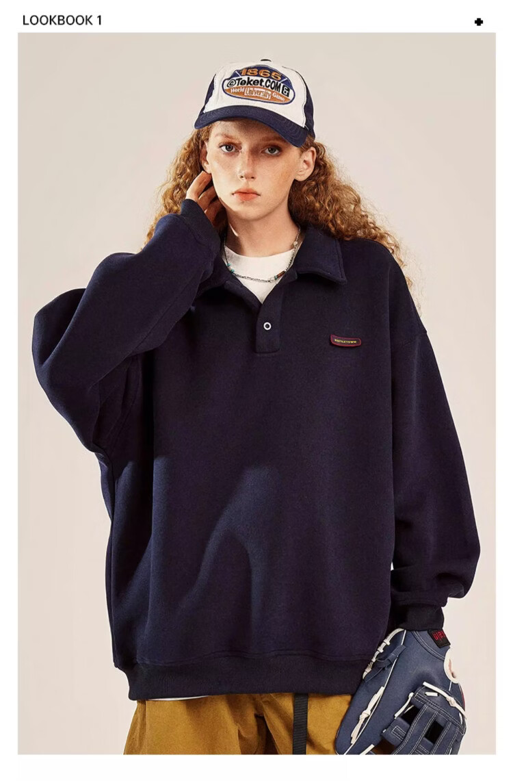 BEETLE TOWN Minimalist Casual Polo Collar Sweatshirt Women Spring New Couple Long Sleeve Collared Jacket Navy Blue S 4