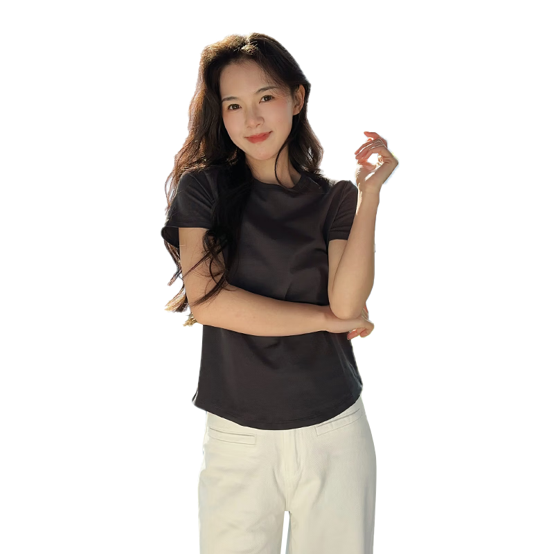 CAMEL Women's Regular Shoulder T-Shirt Solid Color Casual Cotton-Feel Short Sleeve Ice Cool Top C26BARLG016 Dark Gray XL