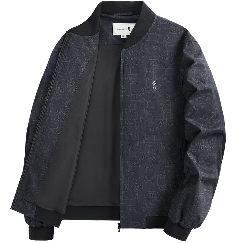 DANCING WOLVES Trendy Letter Print Baseball Collar Jacket Men's Coat 001 Black 2XL