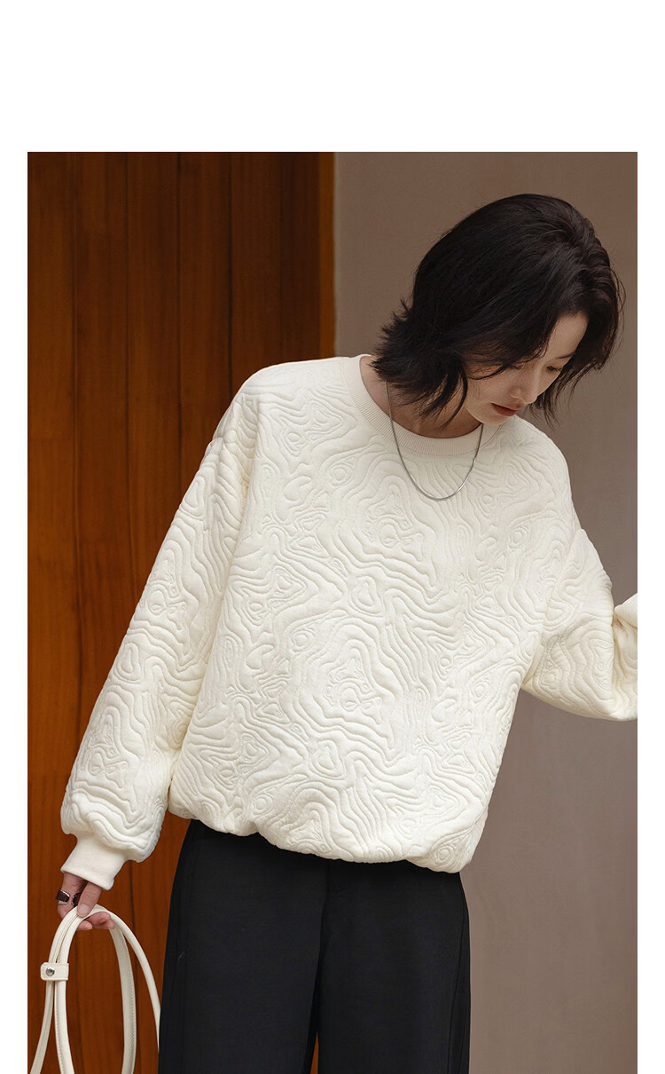 Demana Jacquard Embossed Spring Heavy Texture Crewneck Loose Fit Inner Pocket Hem Petite Women's Sweatshirt 11