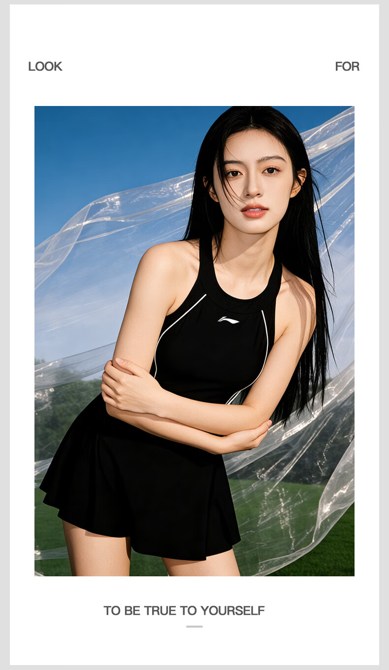 LI-NING Women's Premium 2026 New One-Piece Skirt Style Slim Halter Neck Swimsuit Swimwear 0821 Black L 13