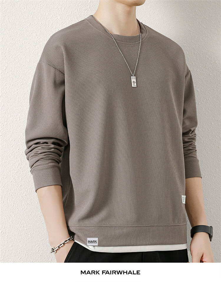 MARK FAIRWHALE Men's Spring and Autumn Waffle Knit Casual Crew Neck Long Sleeve T-Shirt White XL 12