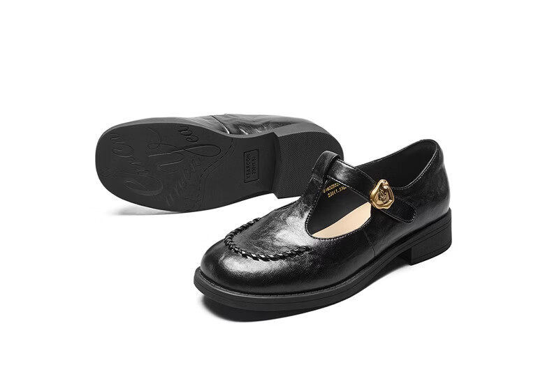 Eierkang Women's Loafers Vintage Commuter T-Strap Leather Mary Jane Shoes 32005W Black Size 38 15