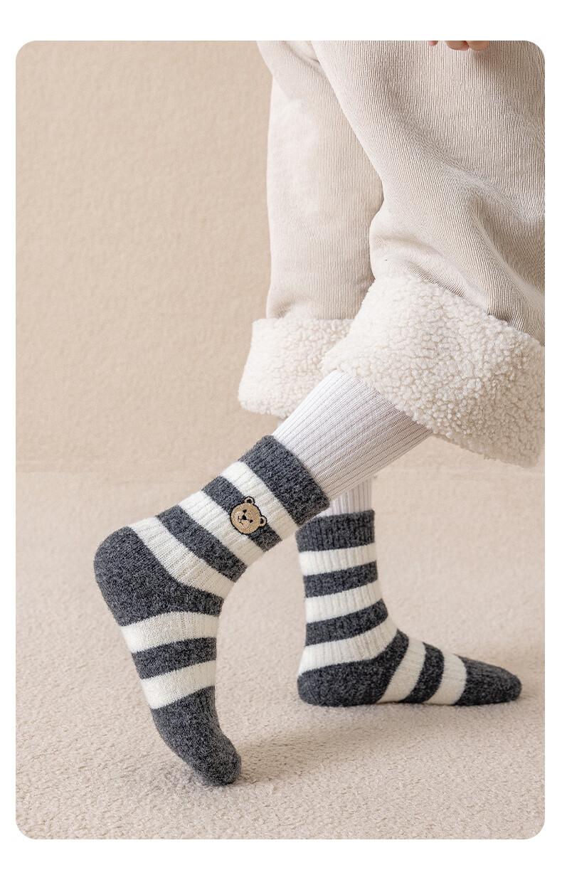 MiiOW 3 Pairs Kids Socks Autumn Winter Thickened Fleece Boys Korean Style Cartoon Bear Mid-Calf Girls Socks 11