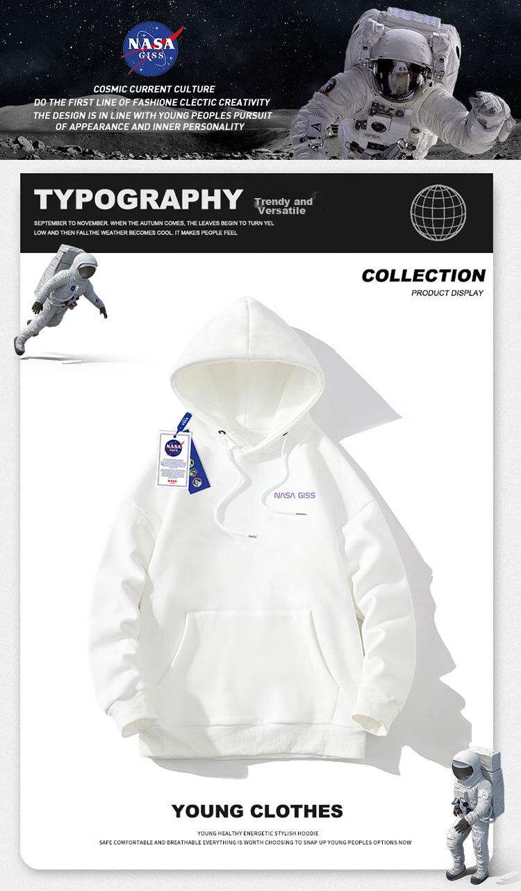 NASA GISS Official Collaboration Hoodie for Men, Autumn Youth Hooded Sweatshirt, Base Layer Top, White, XL 1